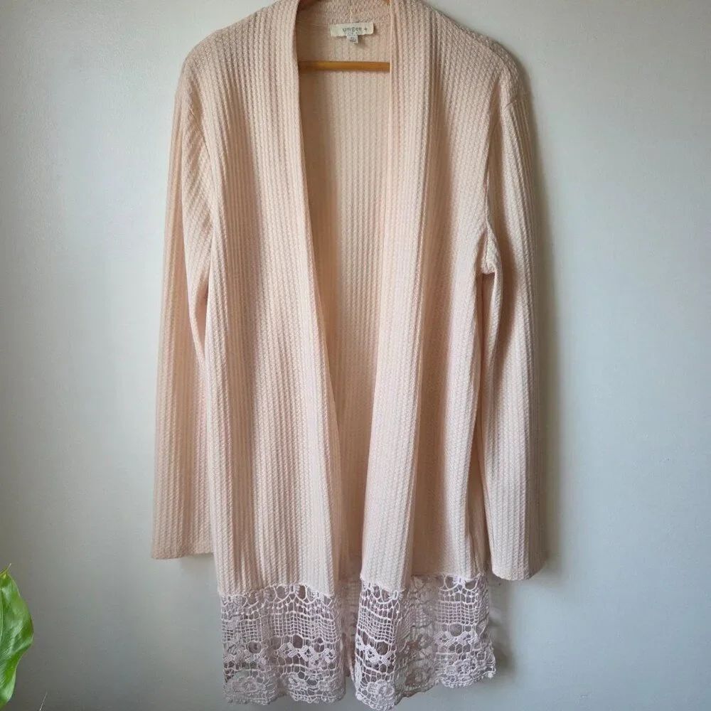 LIKE NEW UMGEE + CREAM WAFFLE KNIT LACED HEM OPEN CARDIGAN SIZE XL